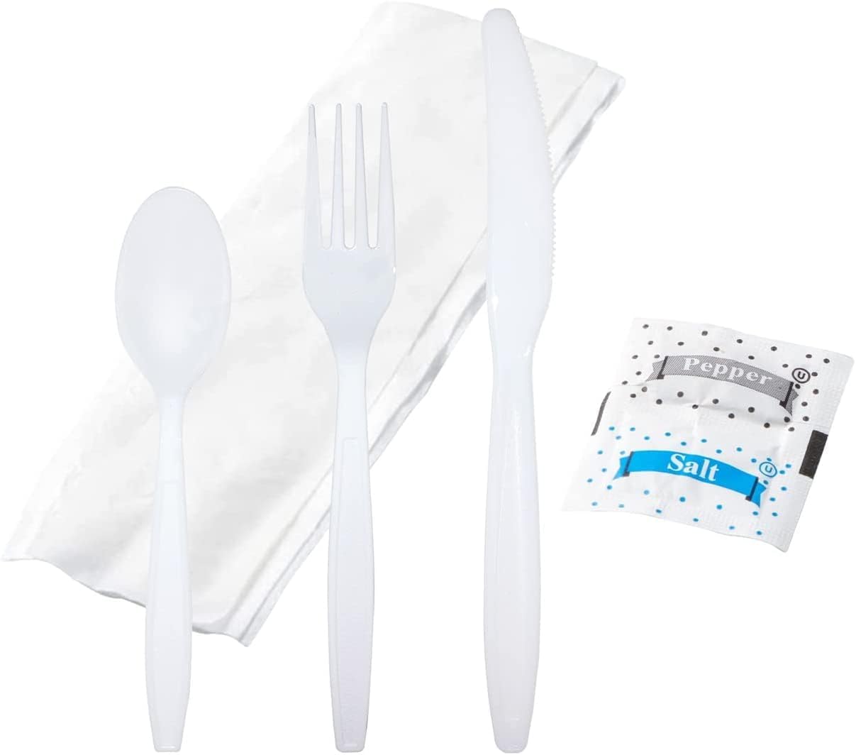 Bulk Heavy Weight Cutlery Individually Wrapped White Plastic Cutlery Knife, Spoon, Fork Pack with Napkin and Salt and Pepper Packets - Extra Strong & Resistant