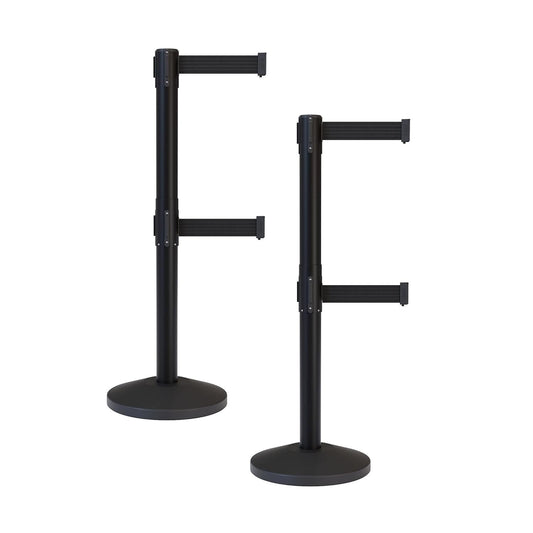 CCW Series RBB-100D - Set of 2 Stanchion Retractable Belt Barriers Dual Belt - Easy to Assemble, No Tools Required (11 Foot Belt, Black Belt with Black Post)