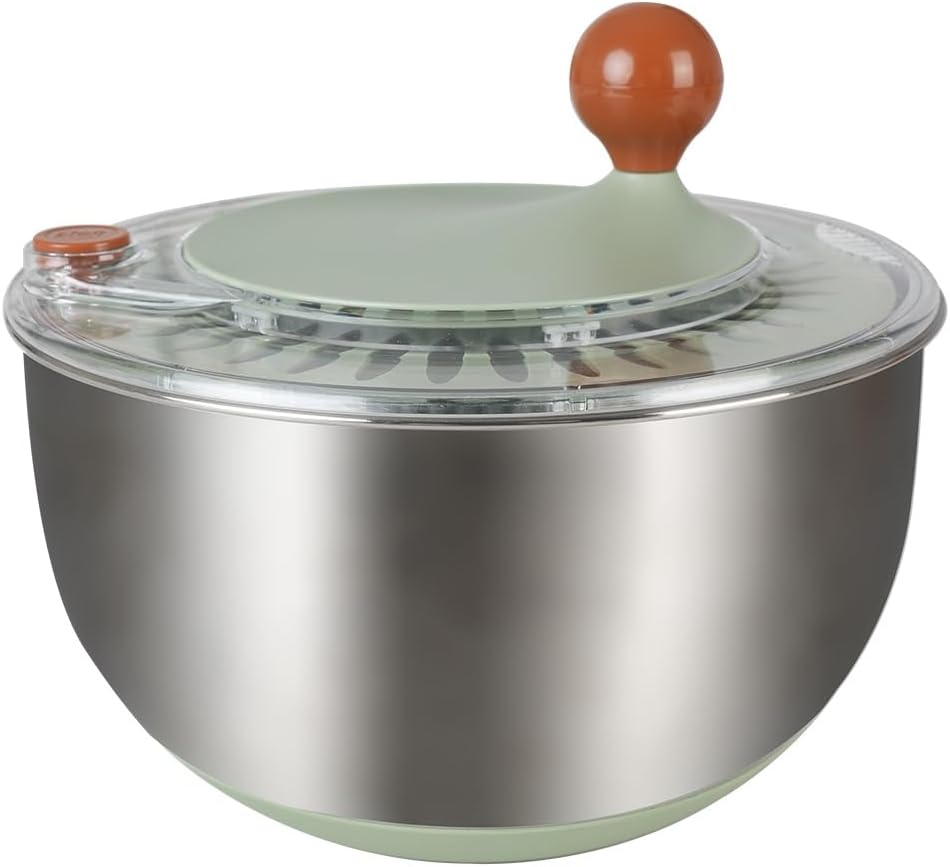 Stainless Steel Salad Spinner, 5.3 Qt Lettuce Spinner with Non-Slip Base, Drain and Stop Button, Fruit and Vegetable Washer and Dryer Spinner