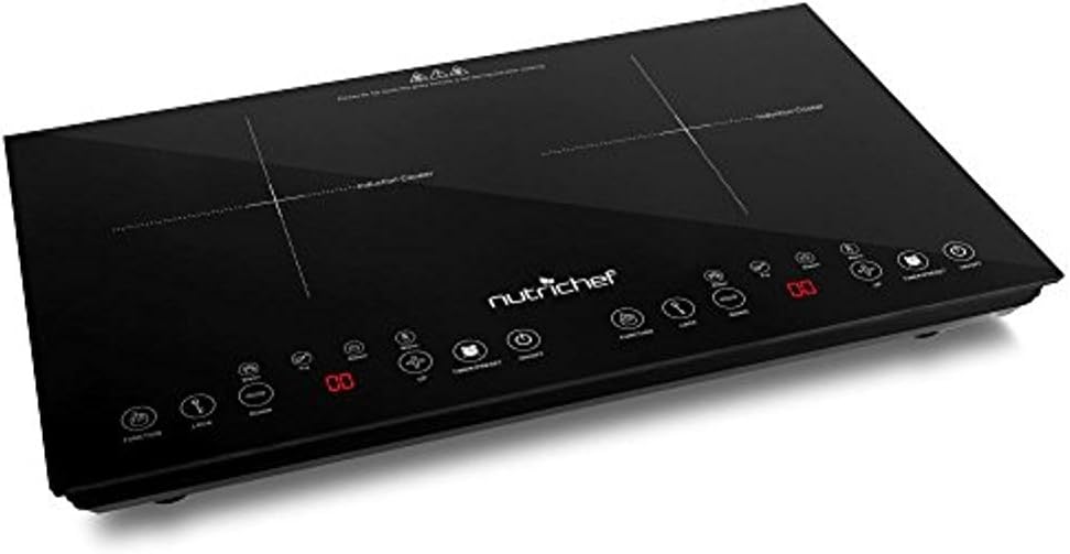 NutriChef Double Induction Cooktop - Portable 120V Digital Ceramic Dual Burner w\/ Kids Safety Lock - Works with Flat Cast Iron Pan,1800 Watt,Touch Sensor Control, 12 Controls - PKSTIND48, Black