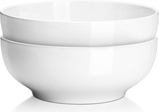DOWAN Serving Bowls, 9.5" Large Salad Bowls for Entertaining, Side Dishes, Pho, Pasta, Centerpiece Bowls for Dinner Parties, Kitchen Decor, Microwave & Dishwasher Safe, White