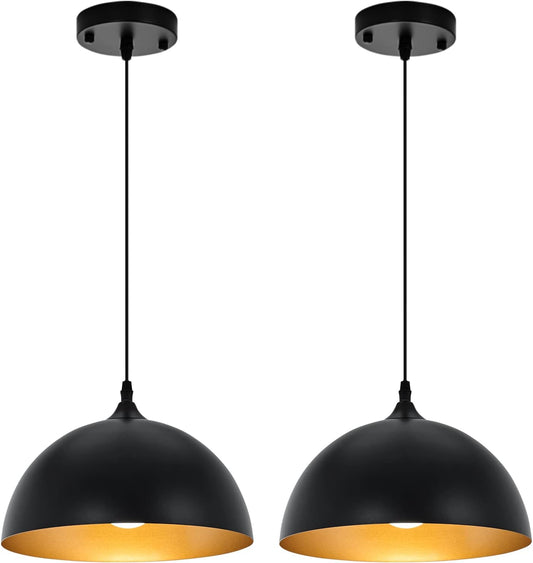 SESIMENT Farmhouse Pendant Lighting for Kitchen Island,Black and Gold Dome Pendant Light Fixtures, Industrial Hanging Ceiling Light for Dining Room Foyer Cafe Kitchen Sink,2 Pack
