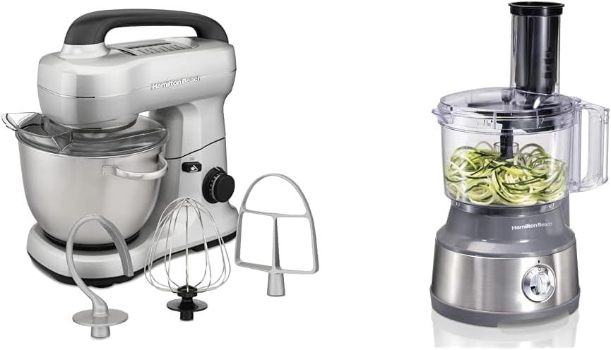 Hamilton Beach Electric Stand Mixer, 4 Quarts, Dough Hook & Food Processor & Vegetable Chopper for Slicing, Shredding, Mincing, and Puree, 10 Cups + Veggie Spiralizer makes Zoodles