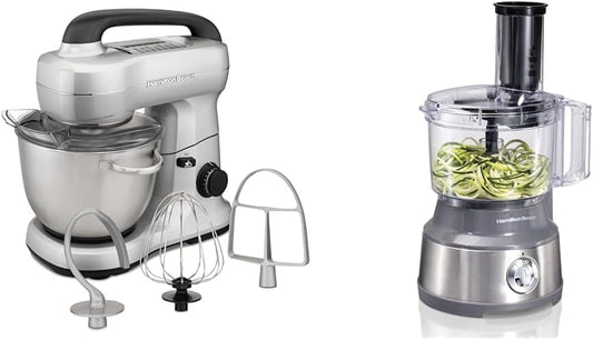 Hamilton Beach Electric Stand Mixer, 4 Quarts, Dough Hook & Food Processor & Vegetable Chopper for Slicing, Shredding, Mincing, and Puree, 10 Cups + Veggie Spiralizer makes Zoodles