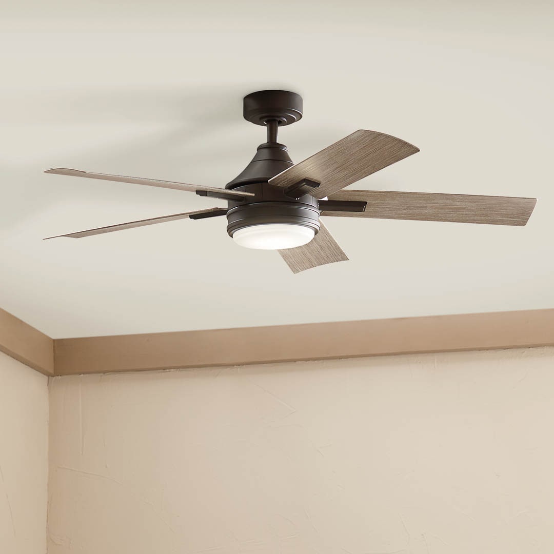 Kichler Tide 52-in Olde Bronze with Weathered Medium Oak Blades Integrated LED Covered Outdoor Ceiling Fan With Light 5 -Blade