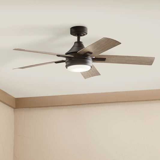 Kichler Tide 52-in Olde Bronze with Weathered Medium Oak Blades Integrated LED Covered Outdoor Ceiling Fan With Light 5 -Blade