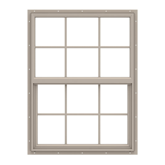 Pella 150 Series 35-1/2-in x 47-1/2-in Fossil Exterior Vinyl New Construction Single Hung Window Low-E argon Double Pane Glass with Grids, (Half Screen Included)