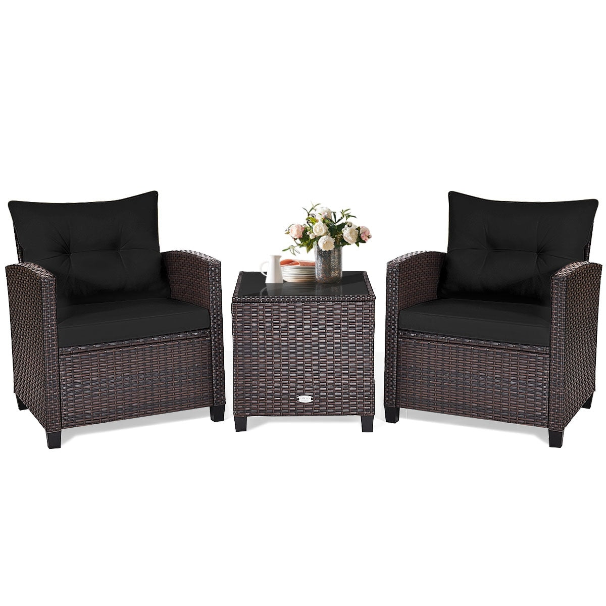 Forclover 3-Pieces Wicker Patio Conversation Set 3 -Piece Rattan Patio Conversation Set with Black Cushions