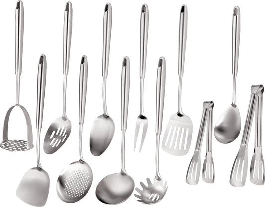 304 Stainless Steel Cooking Utensils Set, Stainless Steel Kitchen Utensils, 12 PCS Long Large Metal Cooking Utensil Tools Set, Potato Masher, Fork, Tongs, Pasta, etc (Dishwasher Safe)