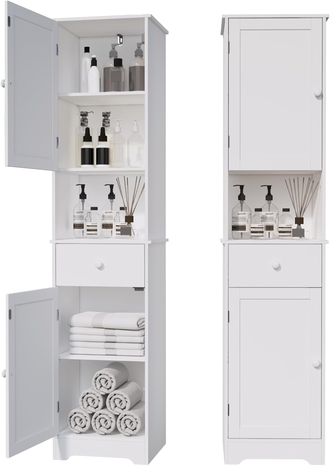 Viaozutis Tall Bathroom Cabinet, Storage Cabinet with 2 Doors & 2Drawer, with Ajustable Shelve, for Bathrooms, Kitchens,Entrances,Bedrooms（White）