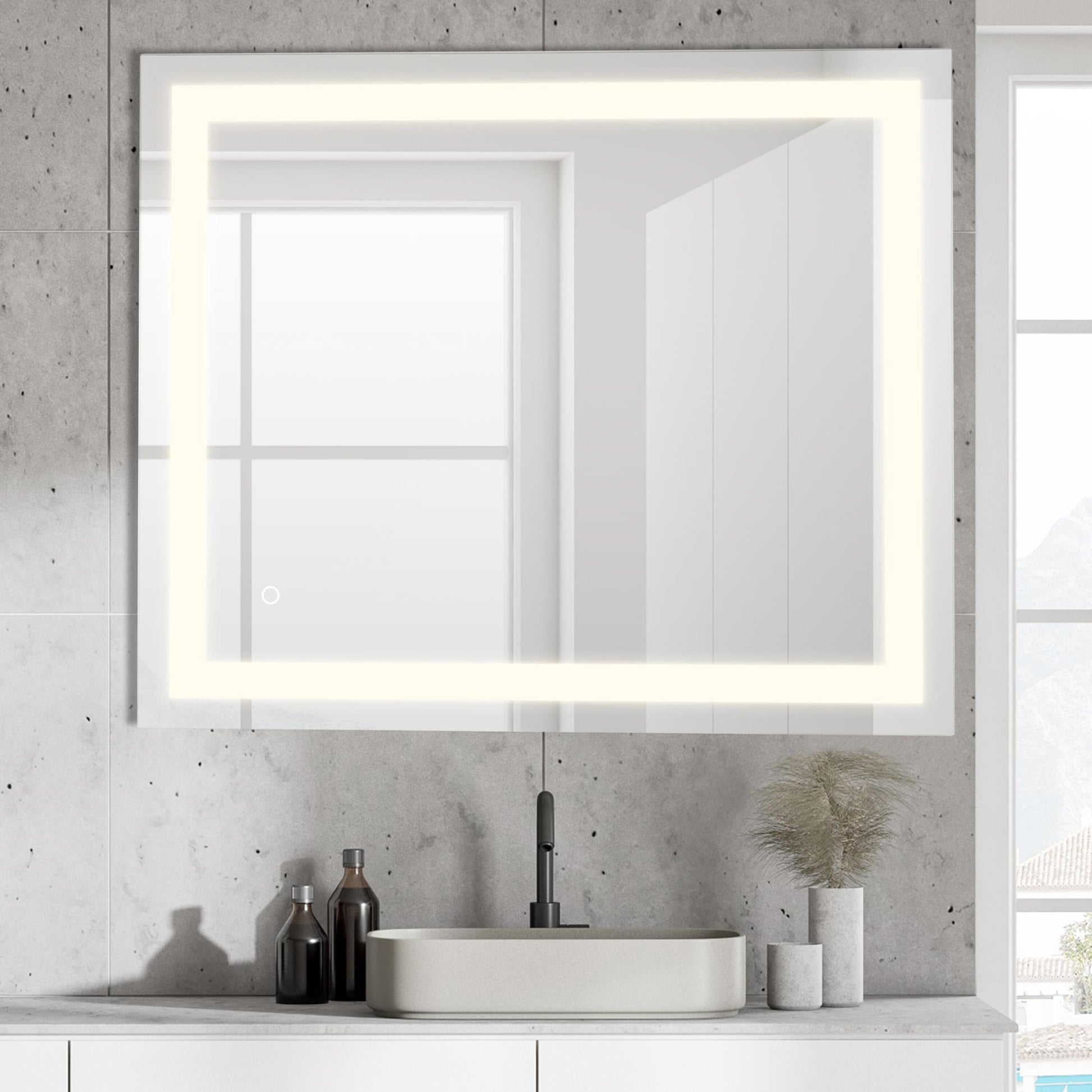 JONATHAN  Y Remy LED Front-Lit Smart Touch 30-in x 36-in Polished Frameless Rectangle Dimmable LED Lighted Fog Free Bathroom Vanity Mirror ( Silver )