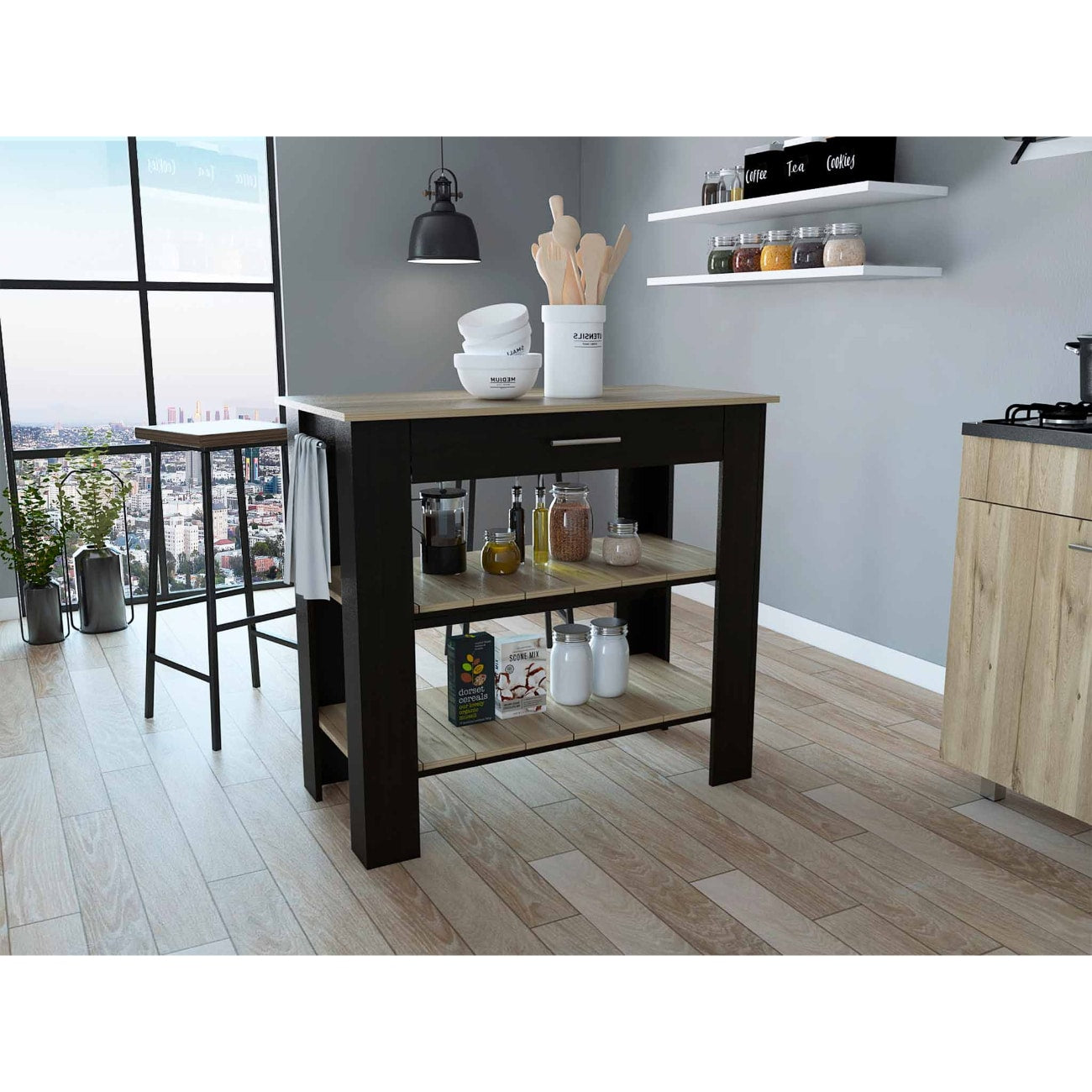 HomeRoots Light Oak and Black Kitchen Island with Drawer and Two Open Shelves