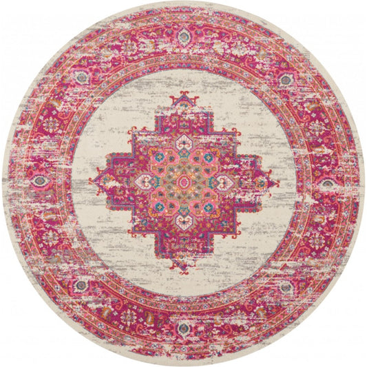 HomeRoots 8 x 8 (ft) Loomed Polypropylene Ivory Fuchsia Round Indoor Area rug