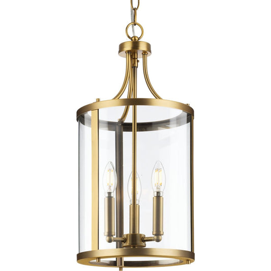 Progress Lighting Gilliam 3 -Light Vintage Brass Farmhouse Clear glass Cylinder Medium Hanging Pendant Light
