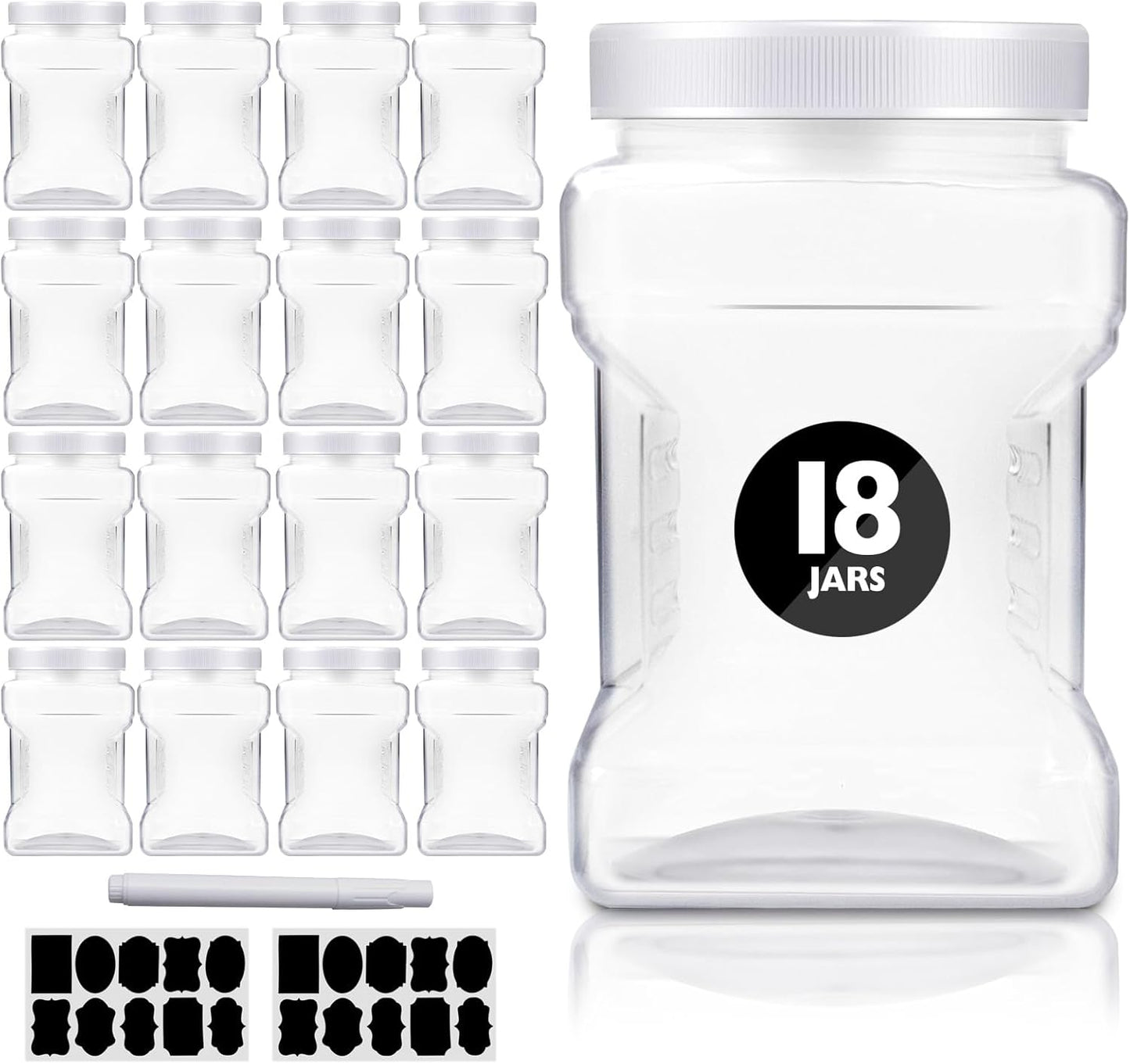 18 Pack Clear Plastic Storage Jars with Lids,27 oz Easy Grip Handles Plastic Containers,Reusable Wide Mouth Plastic Canisters,with Airtight Lids Square Paint Storage Containers for Kitchen Supplies