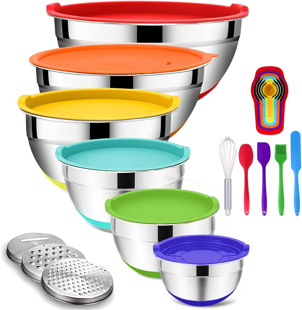 Mixing Bowls with Airtight Lids, 20PCS Stainless Steel Mixing Bowls Set, Nesting Bowls with 3 Grater Attachments & Non-Slip Bottoms, Size7, 4, 3, 2, 1.5, 1QT Bowls for Baking&Prepping