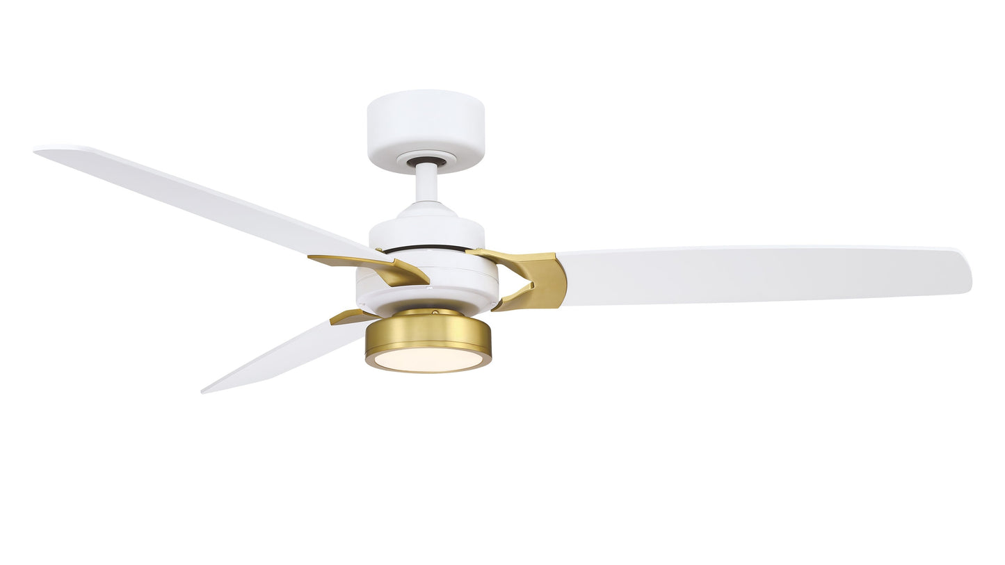 Fanimation Amped 52-in Matte White with Matte White/Brushed Satin Brass Blades Integrated LED Propeller Ceiling Fan With Light and Remote Included 3 -Blade