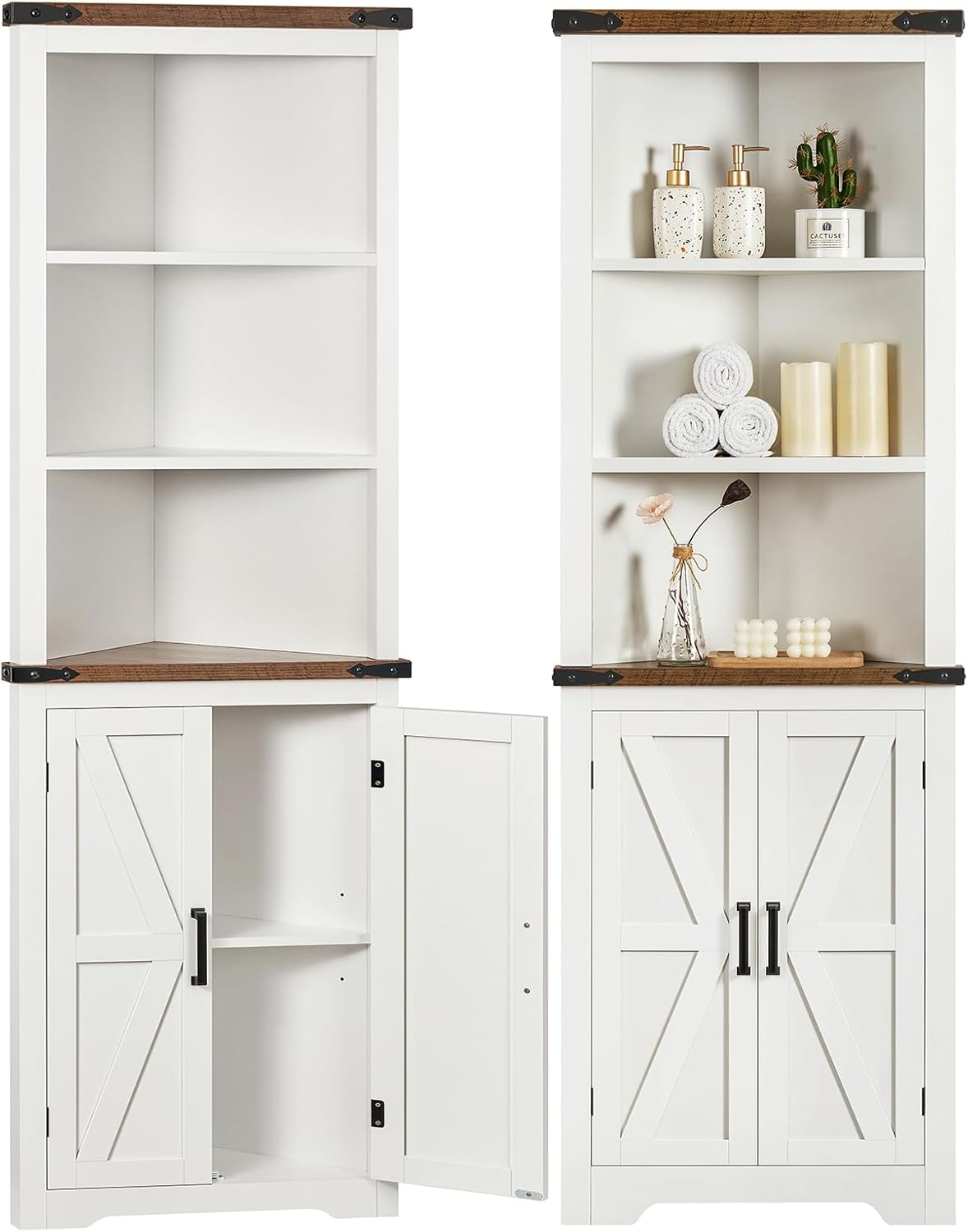 TEENFON Farmhouse Corner Cabinet, 70" H Tall Corner Hutch with 5 Shelves & 2 Barn Doors, Bathroom Cabinet with Adjustable Shelf, for Living Room, Kitchen, Bathroom, White