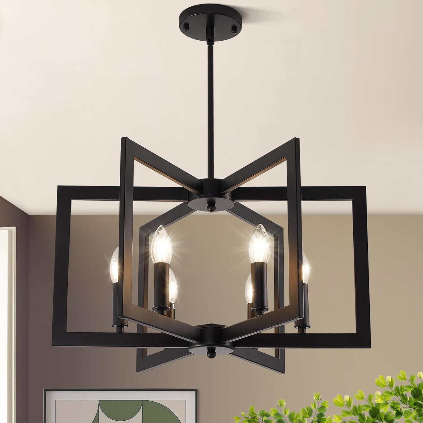 21.6" Black Farmhouse Chandelier,6-Light Geometric Dining Room Fixture,Modern Industrial Foyer Lighting Fixtures,Rustic Farmhouse Hanging Pendant Lights for Living Room,Bedroom,Entryway,Kitchen Island