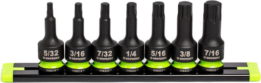 GRIPEDGE Tools | 7-PC - 3/8" Dr Short SAE Impact R.P.T. Hex Driver Set | Sizes 5/32, 3/16, 7/32, 1/4, 5/16, 3/8, 7/16"| Made With Cr-Mo Steel | Includes Premium Aluminum Socket Rail |