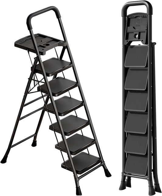 6-Step Ladder with Tool Tray,Portable Step Tool 330lb Load,Folding Anti-Slip Step Ladder with 10"x15" Anti-Slip Widen Pedals,Handrail,Safe-Lock Design Carbon Steel Step Ladder for Home Kitchen+1