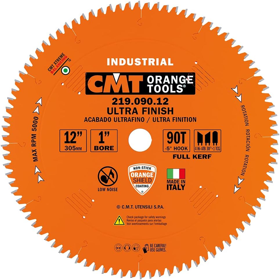 CMT 219.090.12 Industrial Sliding Compound Miter & Radial Saw Blade, 12-Inch x 90 Teeth 4\/30° ATB+1TCG Grind with 1-Inch Bore, PTFE Coating