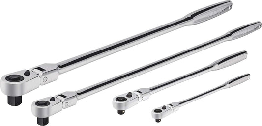 Powerbuilt 4 Piece Pro Tech Long Reach Flex Head Ratchet Set, 72-Tooth, 180° Flex Head, Contoured Grip Handles, 1/4" Dr. x 7", 3/8" Dr. x 9" & 17", 1/2" Dr. x 17" - 240238