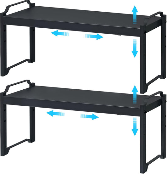 25.5 Inches 2 Pack Expandable Cabinet Shelves, Stackable Shelf Organizer for Kitchen Cabinet Countertop Storage, Adjustable Counter Cupboard Pantry Organizer Shelf Rack Stand Riser, Black