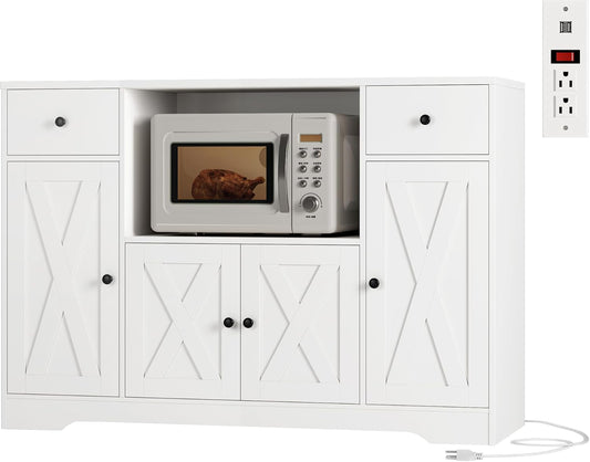 HOSTACK Microwave Cabinet with Charging Station, 47" W Kitchen Storage Cabinet with Microwave Stand, Modern Farmhouse Buffet Sideboard with Drawers and Shelves for Kitchen, Dining Room, White
