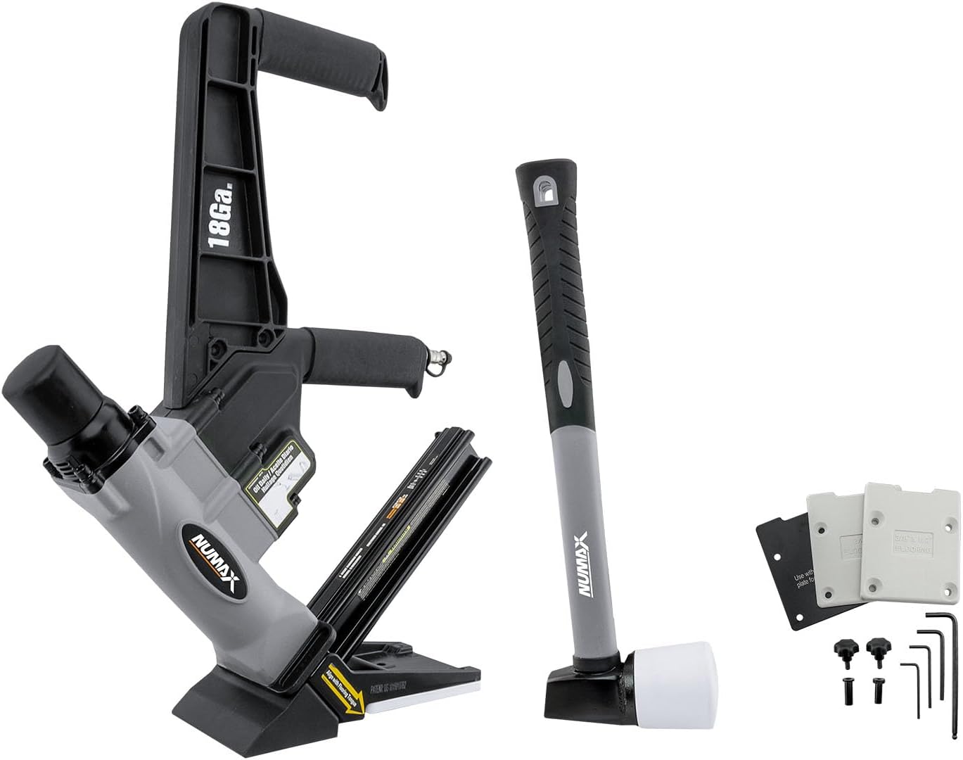 NuMax S18GLCNDH Pneumatic 18-Gauge 1-3/4" Dual Handle Flooring Nailer with Flooring Mallet and Interchangeable Base Plates