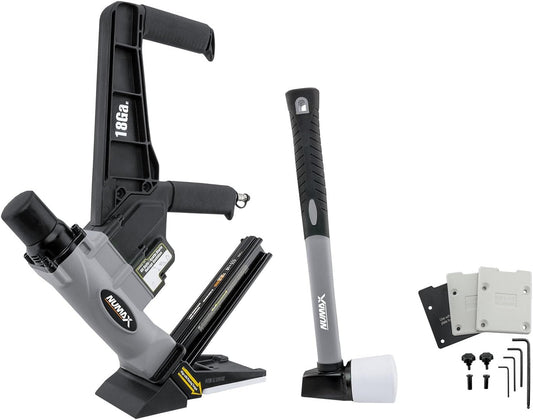 NuMax S18GLCNDH Pneumatic 18-Gauge 1-3/4" Dual Handle Flooring Nailer with Flooring Mallet and Interchangeable Base Plates