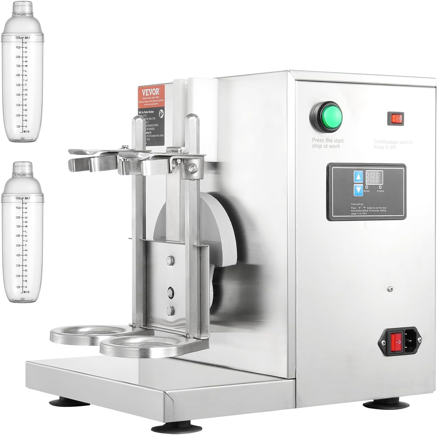 VEVOR Milk Tea Shaking Machine, Electric Double Frame Milk Tea Shaker, 0-180s Adjustable Milk Shake Mixer Machine with Double 1000 ML PC Cups for Bubble Tea, Boba Tea, Juice, Coffee, Milk, Wine