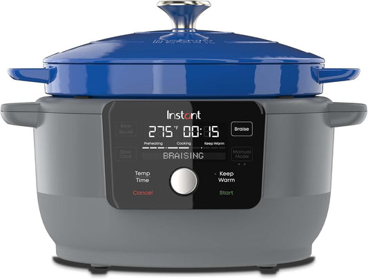 Instant Electric Round Dutch Oven, 6-Quart 1500W, From the Makers of Instant Pot, 5-in-1: Braise, Slow Cook, Sear\/Sauté, Cooking Pan, Food Warmer, Enameled Cast Iron, Included Recipe Book, Blue