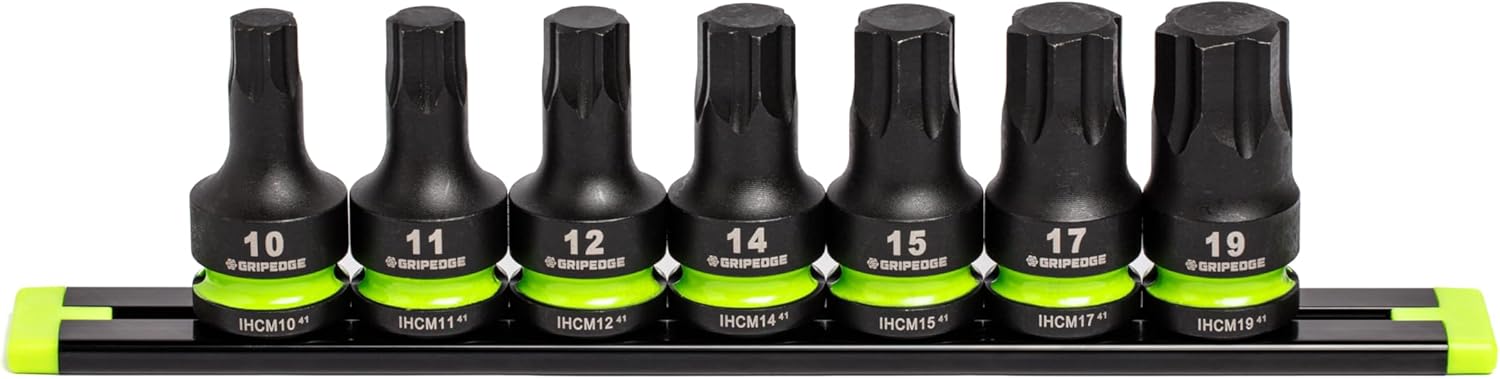 GRIPEDGE Tools | 7-PC - 1/2" Dr Short Metric Impact R.P.T. Hex Driver Set | Sizes 10, 11, 12, 14, 15, 17, 19 MM| Made With Cr-Mo Steel | Includes Premium Aluminum Socket Rail |