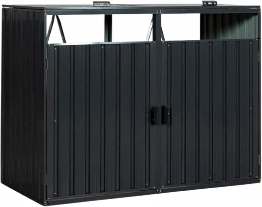 Trygoal 55.1 Cu.Ft Outdoor Trash Can Storage Shed, Metal Trash Can Storage Bin with Spring Chain Lid for Garbage Storage, Waterproof Storage Shed Stores for 2 Trash Cans, Garden Tools, Black