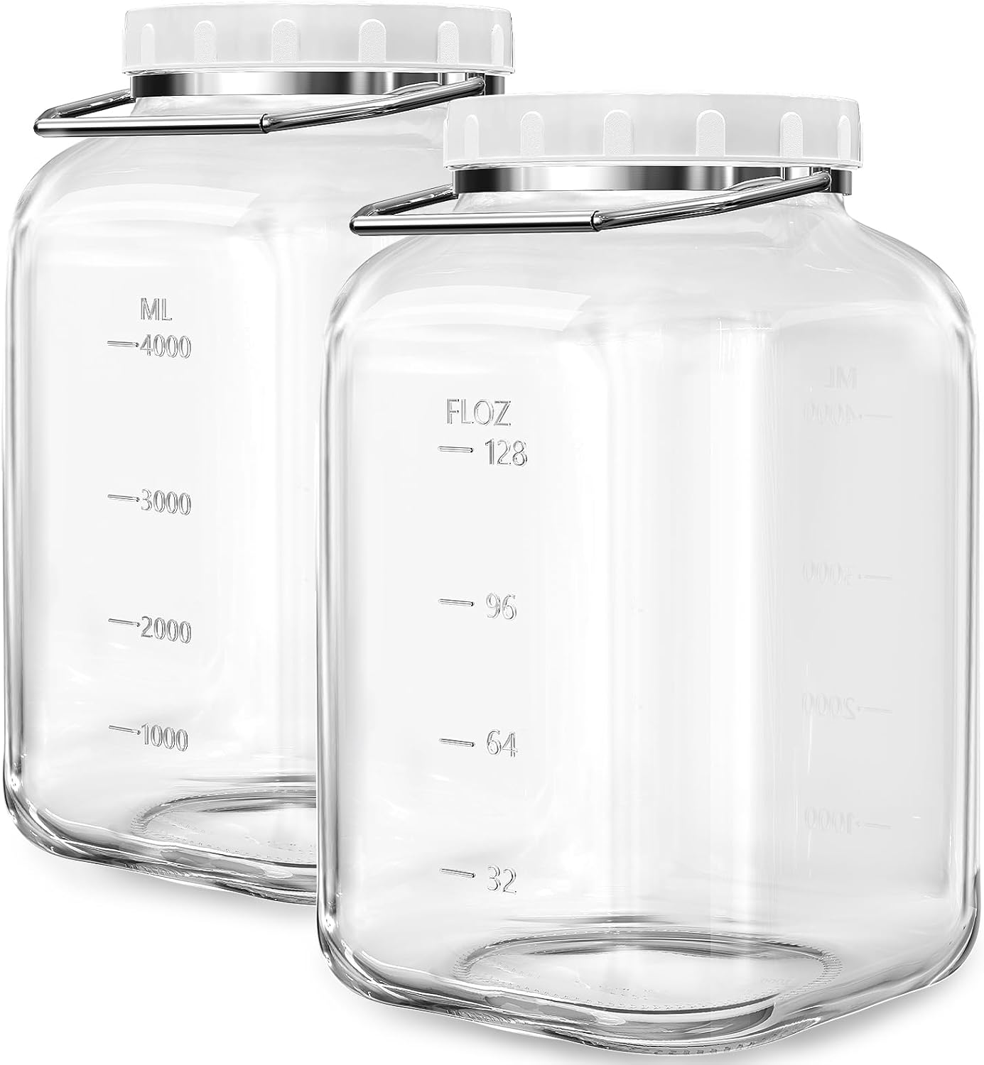 2 Pack 1.5 Gallon Glass Jar with Lid Wide Mouth, Large Mason Jar with Airtight Screw Lid and Handle, Clear Glass Storage Containers with 2 Scale Mark for Flour, Cookie, Candy, Kombucha and Fermention