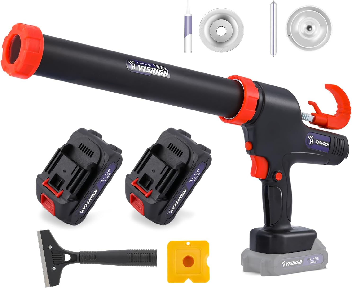 VISHIGH Cordless Caulking Gun, 21V Electric Caulk and Adhesive Gun for 10oz-20oz/300-600ml Cartridges and Sausage Packs with 2 Battery and Anti-Dripping VH-CG01