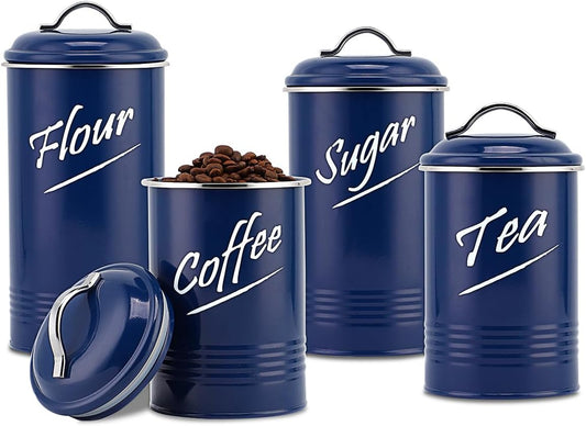 Hillbond Kitchen Canister Sets for Countertop Food Storage Containers Stainless Steel with Powder Coated Decorative Metal Storage Jars for Kitchen Counter Set of 4 (Navy Blue)