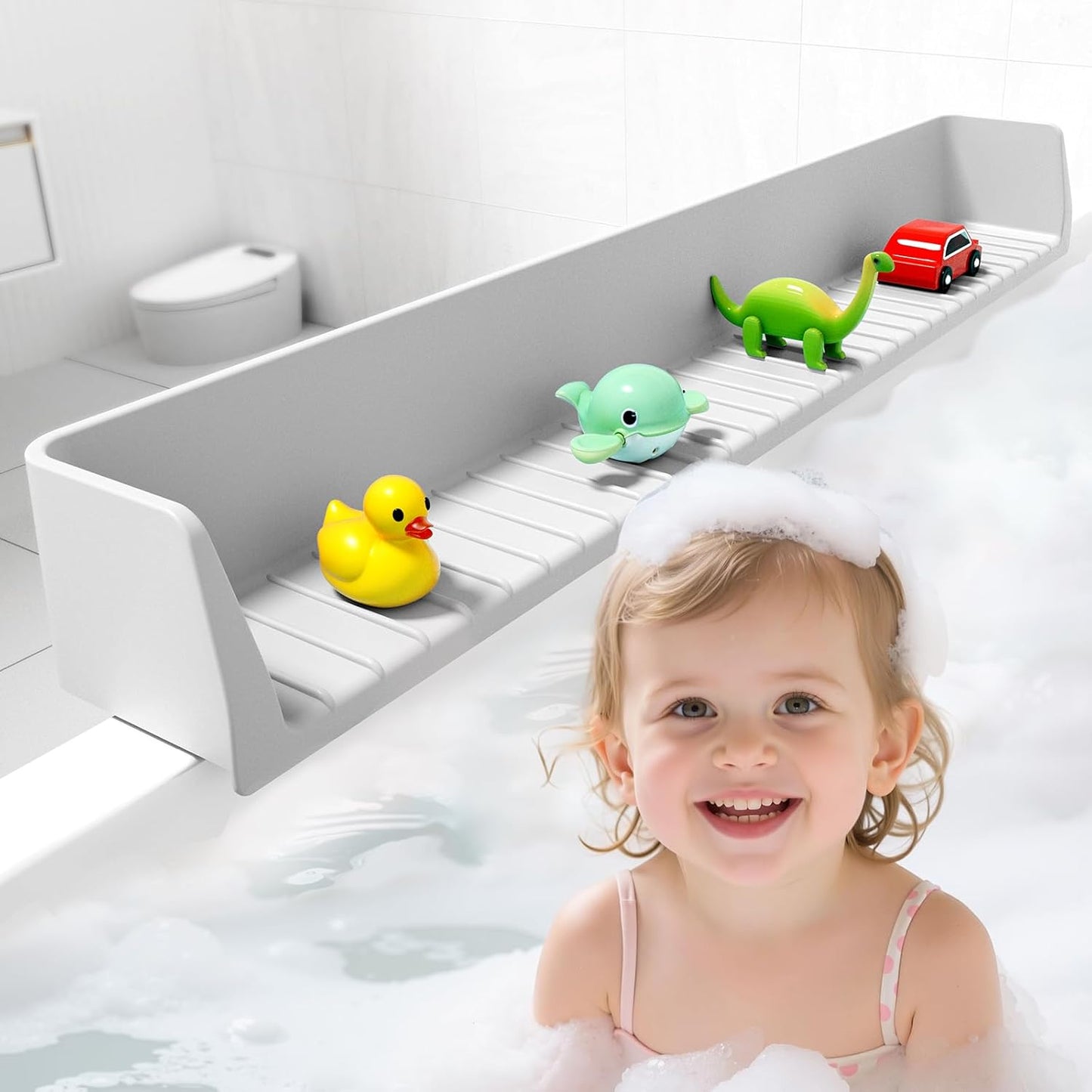 Nesuny 2.64-Ft Bathtub Splash Guard With 11 Strong Suction Cups, Toy Tray Holder,Soft Silicone splash guard for Easy Clean & Fold, Universal for Tub, Bathroom sink, kitchen sink 1 Pack (Greyish-White)