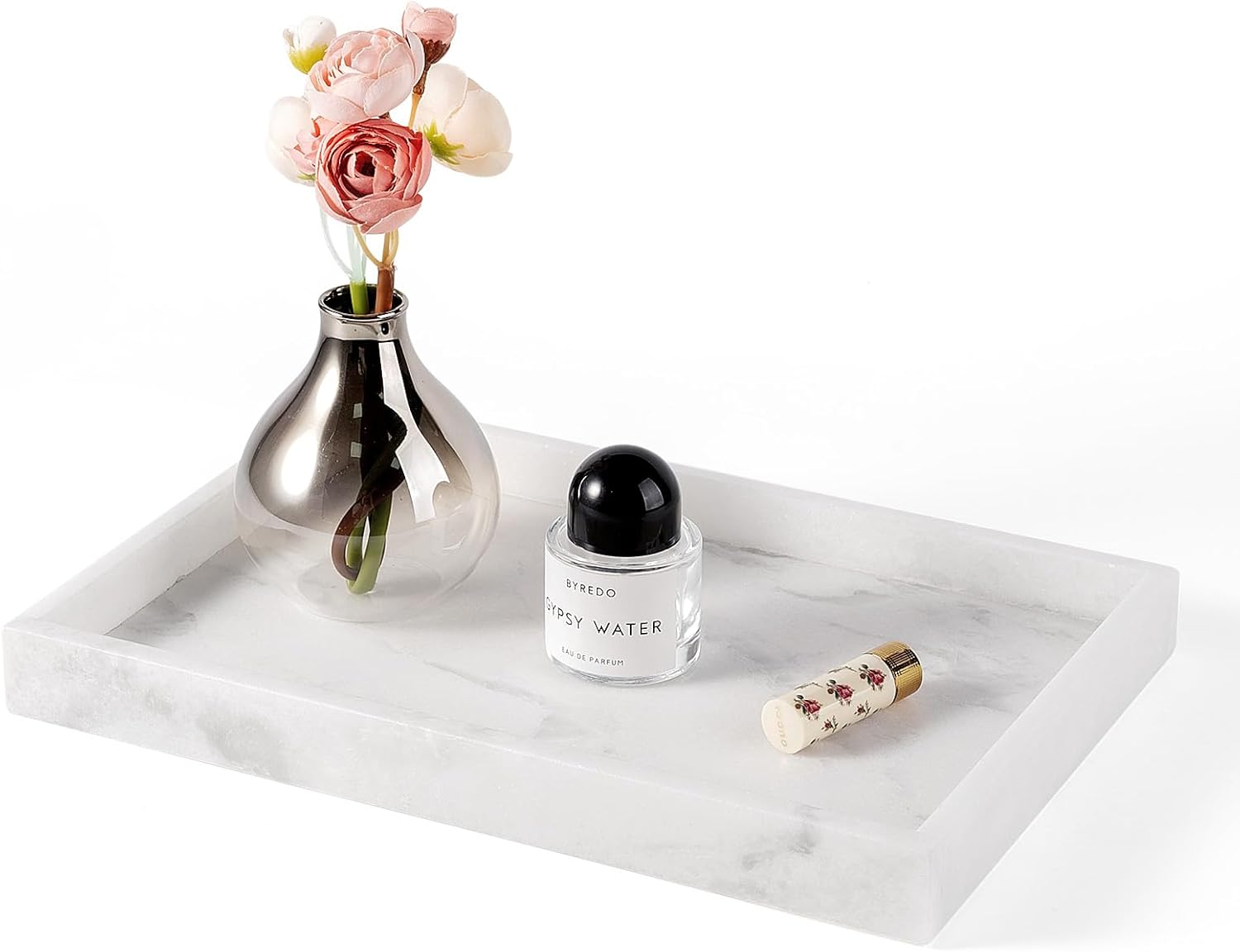 Erongoo Real Natural Marble Tray, 11.7" x 7.8" Decorative Vanity Tray for Bathroom Countertop, Kitchen Counter, or Catchall, White Coffee Table Tray for Jewelry, Perfume, Candles, Office, Home Decor