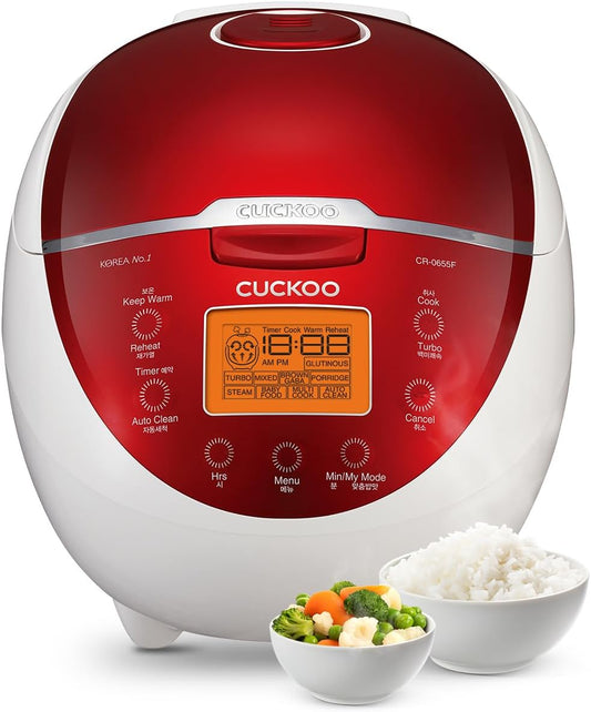 Cuckoo CR-0655F Rice Cooker & Warmer, 6 cups, LCD Display 11-Menu Options - White, Turbo, Mixed, and Brown/GABA Rice, Porridge, Steam Multi Cook, My Mode, 16-Various Cooking Methods, Sm, Red/White