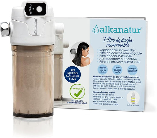 Alkanatur Shower Water Filter With Replacement Filter- Eliminates Chlorine & Other Chemicals From Water - Certified By The Cacti - Best Shower Filter For Hair And Skin - 100% Calcium Sulfite-Free