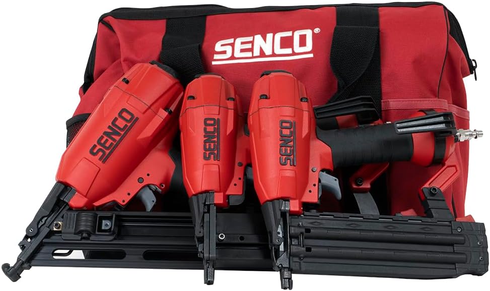 SENCO Pneumatic 4 Piece Finish Kit Includes 3 Air Powered Tools for Finish & Trim Projects: 15 GA finish nailer, 18 GA brad nailer, 18 GA stapler, and storage bag (10S0001N)