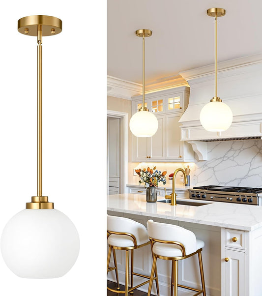 Modern Gold Pendant Lights Kitchen Island (7.2-Inch, 2 Pack), Farmhouse Globe Milk Glass Pendant Light Fixtures, Brass Hanging Island Lights for Kitchen Island Dining Room Bedroom (Bulbs not Included)