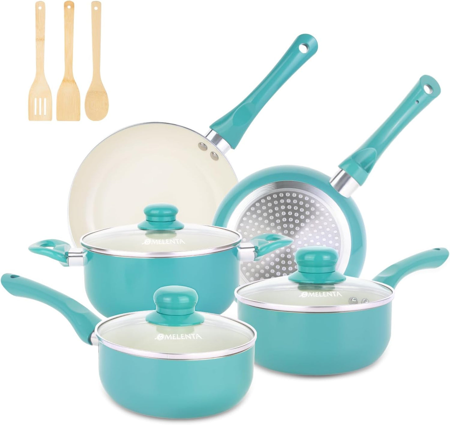M MELENTA Pots and Pans Set Nonstick, 11pcs Kitchen Cookware Sets Induction Cookware, Ceramic Non Stick Cooking Set, Stay Cool Handle & Bamboo Kitchen Utensils, 100% PFOA Free, Turquoise