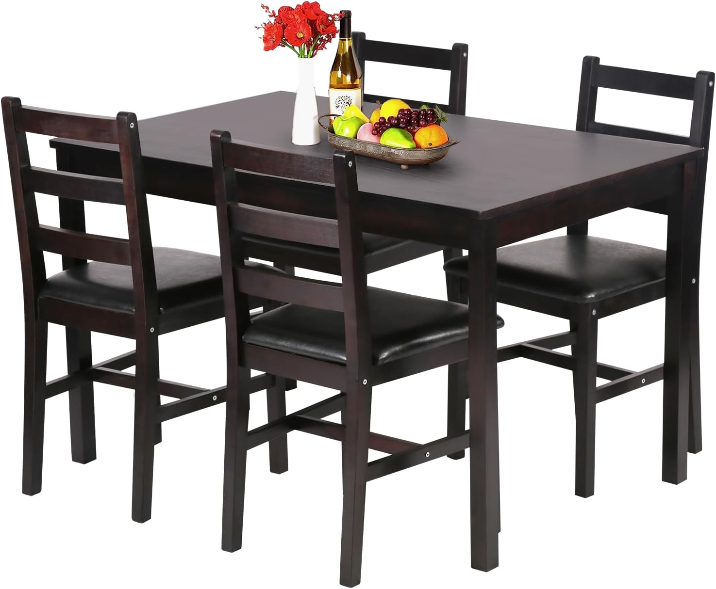FDW | 5-Piece Solid Wood Dining Table Set for 4 | Brown | Pine Kitchen Table with Upholstered Chairs | Space-Saving Design | Smooth Easy-to-Clean Surface | for Dining Room, Apartment, Restaurant