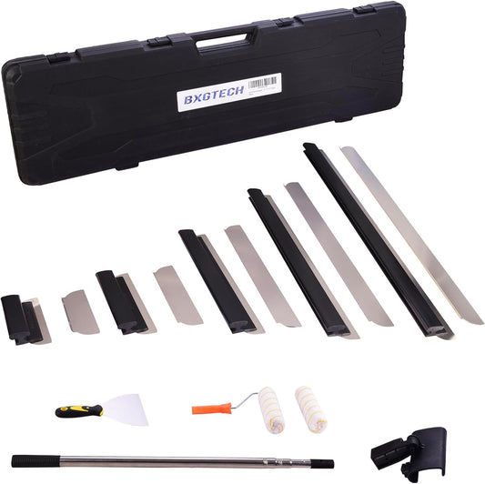 BXGTECH Drywall Tools Skimming Blade with Extension Handle - 10", 14", 24"& 32" 40" Blades with 2 Pack 0.3 mm Blades, Construction Tools End Caps, with Outer Box, Drywall Roller,Taping Knife
