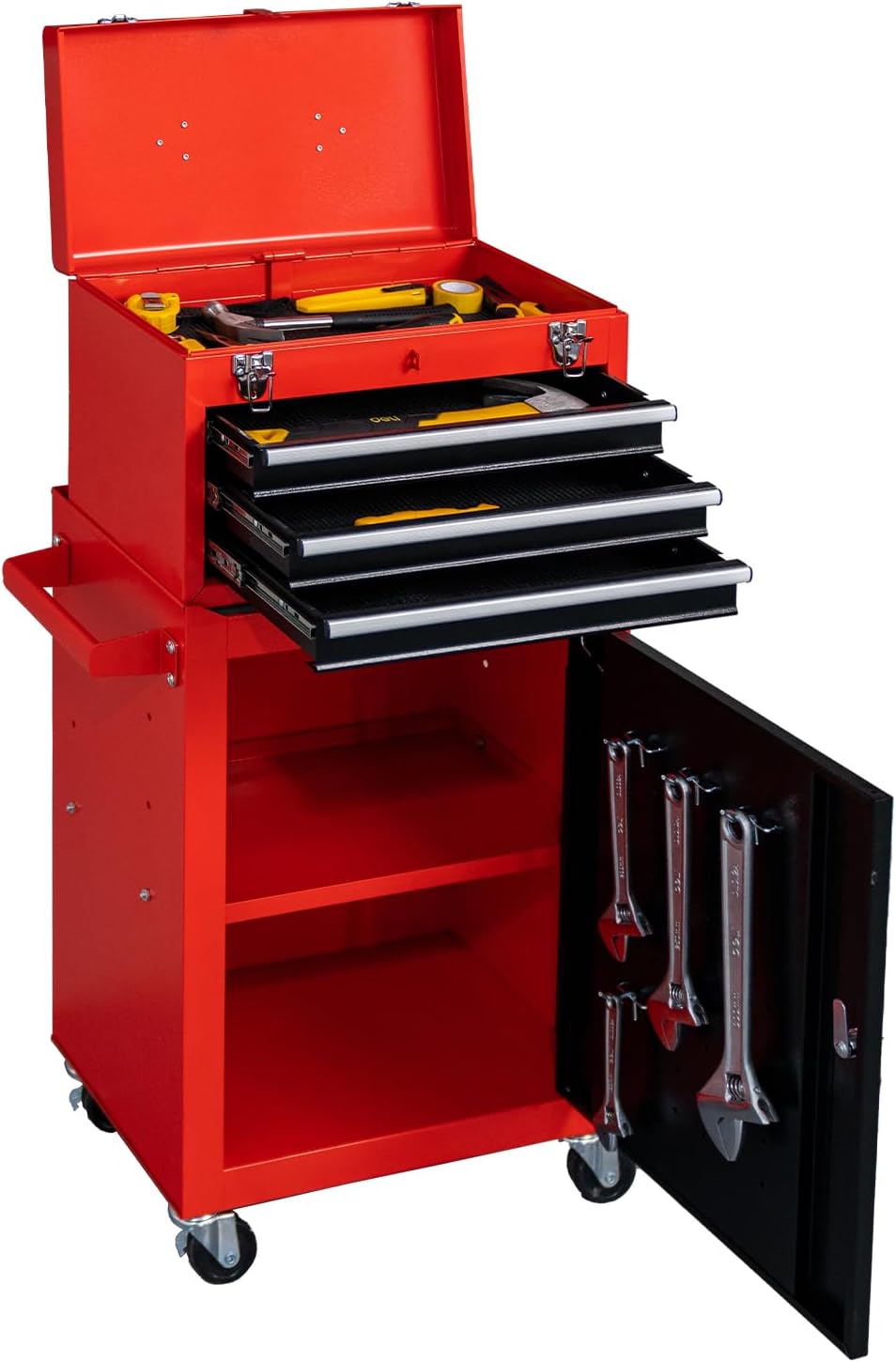 WAYTRIM 3-Drawer Rolling Tool Chest with Wheels, Large Storage Cabinet and Adjustable Shelf - Removable Portable Top Box with Locking System for Garage, Warehouse (Black & Red)