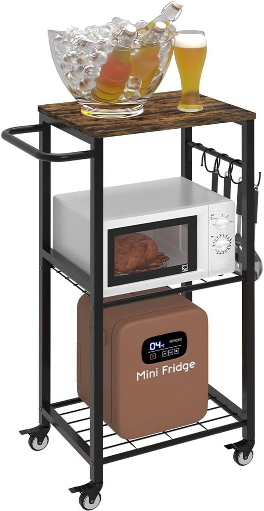 Sungaryard 3-Tier Rolling Kitchen Cart Microwave Stand on Wheel, Movable Coffee Bar Cart with Metal Handle, Bakers Rack with 8 Hooks Utility Cart for Living Room, Bedroom, Bathroom, Office, Black