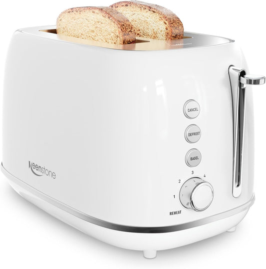 Keenstone Toaster 2 Slice, Retro Wide Slot Stainless Steel Toaster with 6 Browning Levels, Reheat & Defrost, for Bagel, Toast, Bread, Kitchen Essentials, Removable Crumb Tray, White